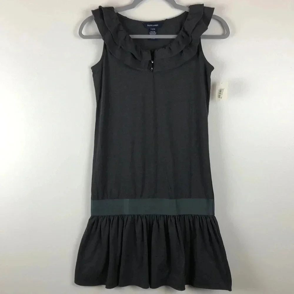 Ralph Lauren New Girls L Gray Sleeveless‎ Ruffle Cotton Blend Dress